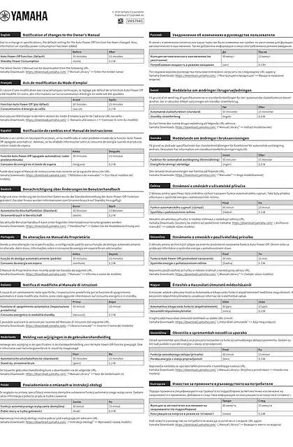 yamaha雅马哈Notification of changes to the Owner’s Manual